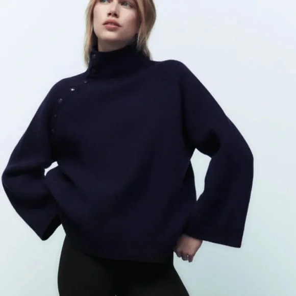 Zara  96% Merino Wool High Buttoned Collar Knit Sweater Navy Blue Size Medium - Picture 4 of 11